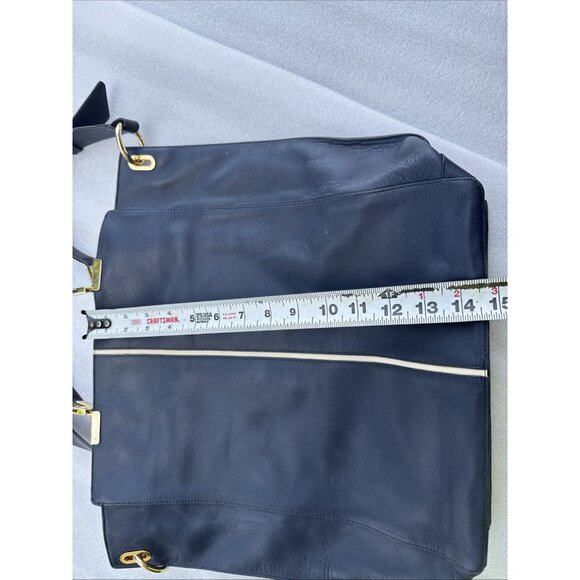 Times Arrow Large Navy Blue Leather Tote Bag Gold Hardware /White Accent - Picture 6 of 9
